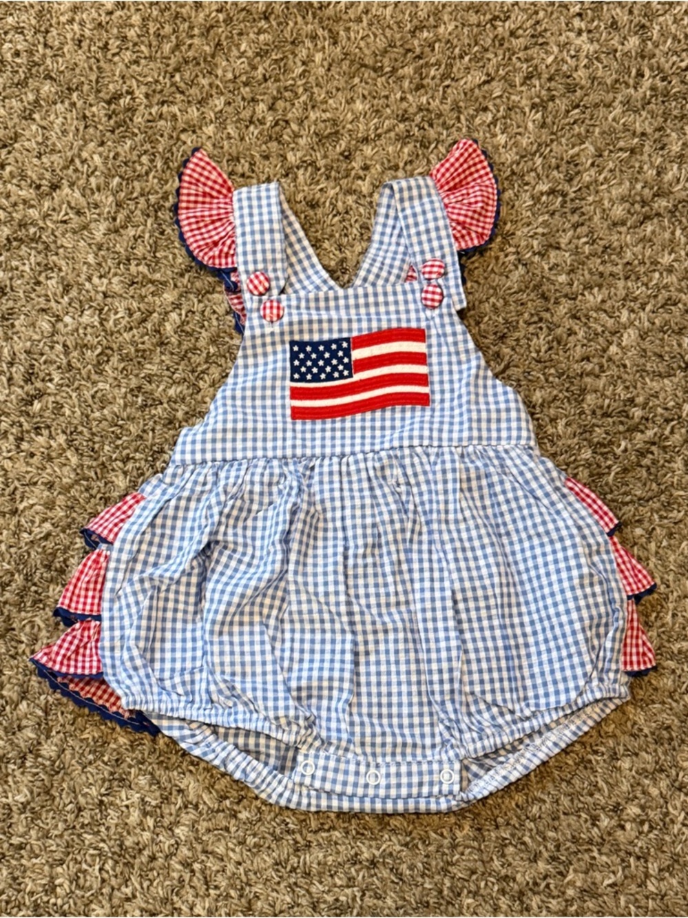 Blue Gingham Baby One-Piece with Flag Patch